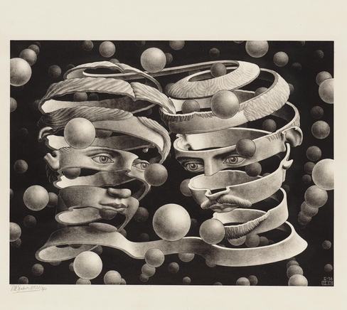This is M.C. Escher's "Bond of Union" (1956) — a lithograph showing two profile heads, male and right, female left, formed from continuous spiraling ribbons