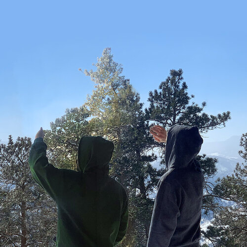 Two figures in hoodies standing in front of pine trees with their backs to the camera. Their hands are raised in the air shielding their eyes from sunlight