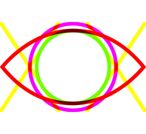 Colorful graphic that includes circles that form the shape of an eye and intersecting yellow lines