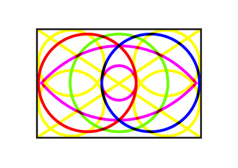Colorful graphic that includes colorful circles that overlap over a yellow X