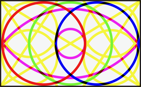 Colorful graphic with intersecting circles, ovals and Xs