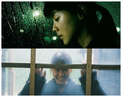 diptych with top image of woman looking down while rain pours on window, bottom image of woman smiling through a window 