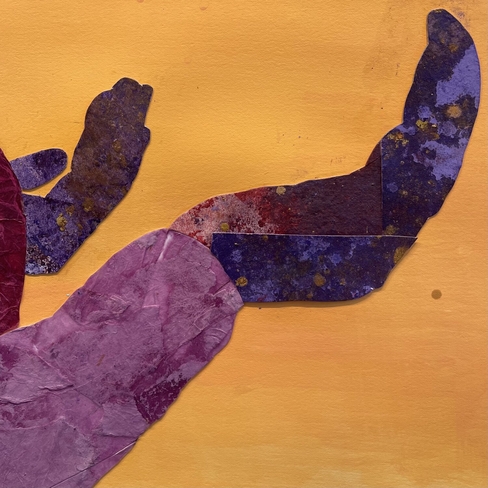Close up of an artwork by Ashon Crawley. A yellow background with two hands outstretched, palms facing upward. The hands are purple and brown tones, and look collaged. 