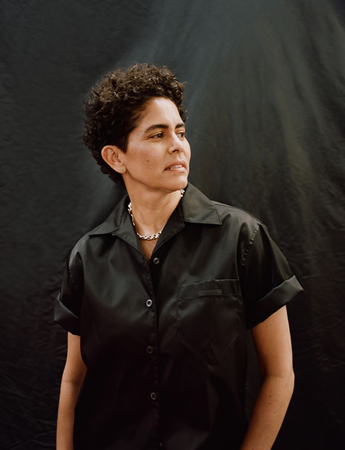 Julie Mehretu is wearing a black shirt