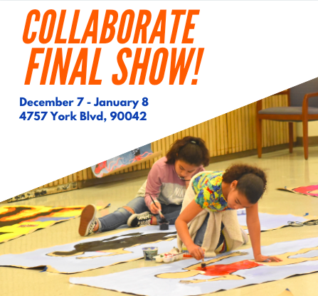 Flyer for the Collaborate Final Show, featuring a photo of two youth artists painting