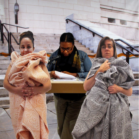 A person stands between two women holding blankets over their bodies as part of CamLab's Study for Holding Hearing Court