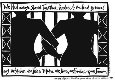 Black and white artwork of two people standing with arms interlocked in front of prison bars.