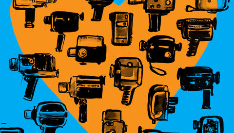 Sketches of different types of cameras on an orange and blue background.