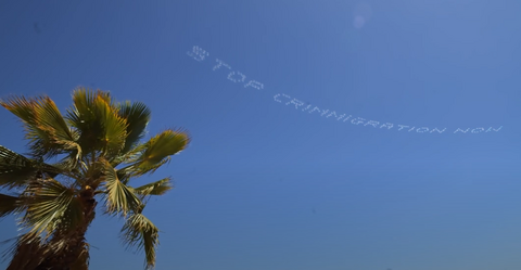 A palm tree is visible in front of a bright blue sky, with skywriting that reads "STOP CRIMMIGRATION NOW"