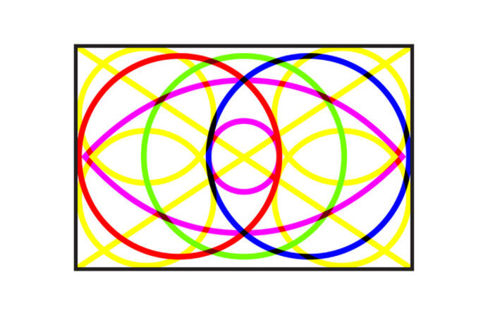 Colorful graphic that includes colorful circles that overlap over a yellow X 