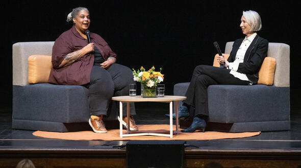 color photo of Roxane Gay and Alexandra Grant in conversation on stage